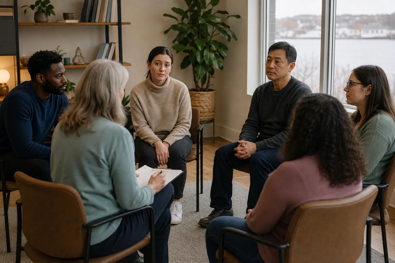 Six adults seated in a circle during a therapist-led intensive outpatient group session in a bright office.