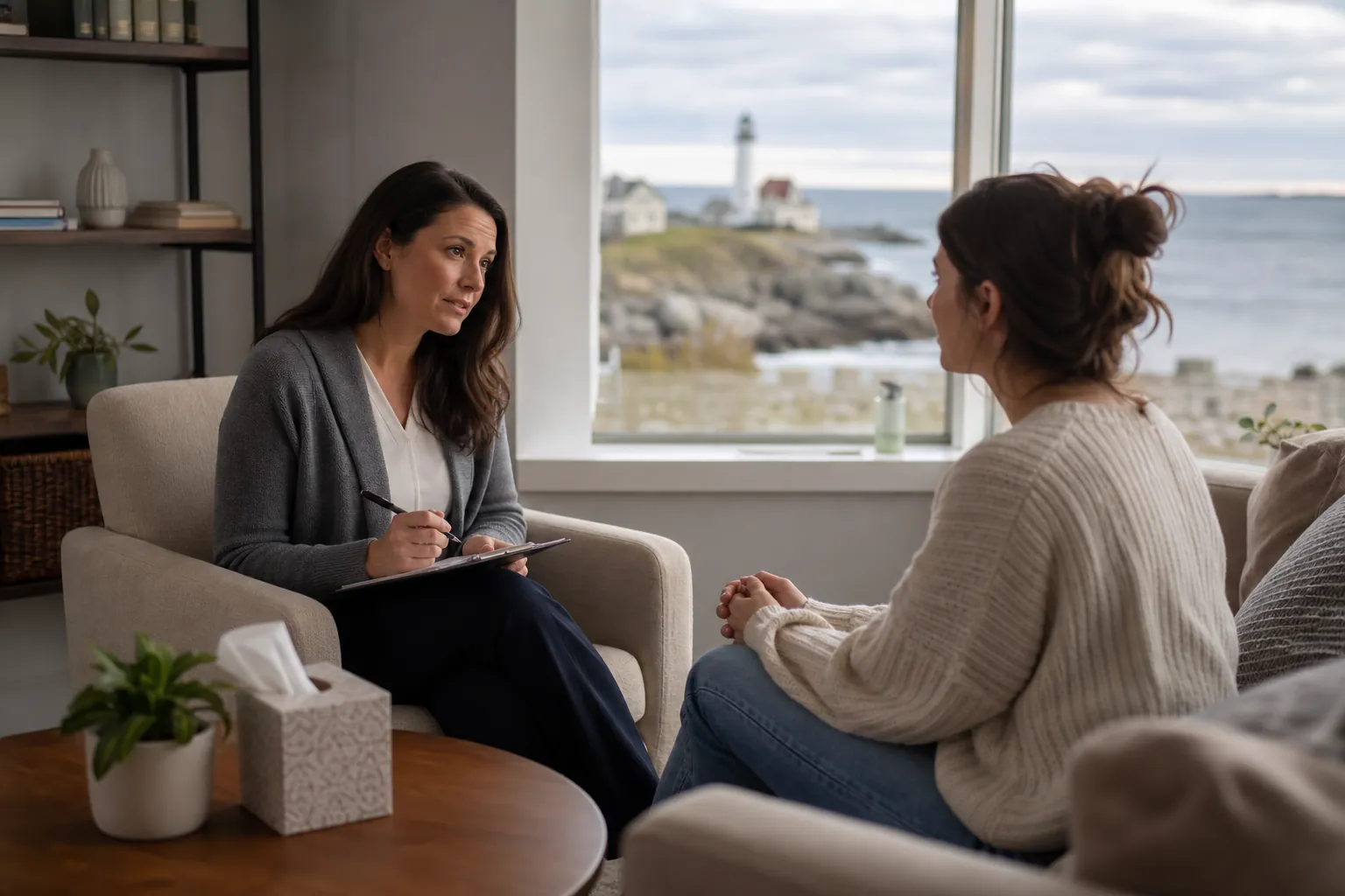 Therapist Conducting an Assessment and Stabilization Session A therapist takes notes while speaking with a seated woman during an assessment in a calm office overlooking the coast.