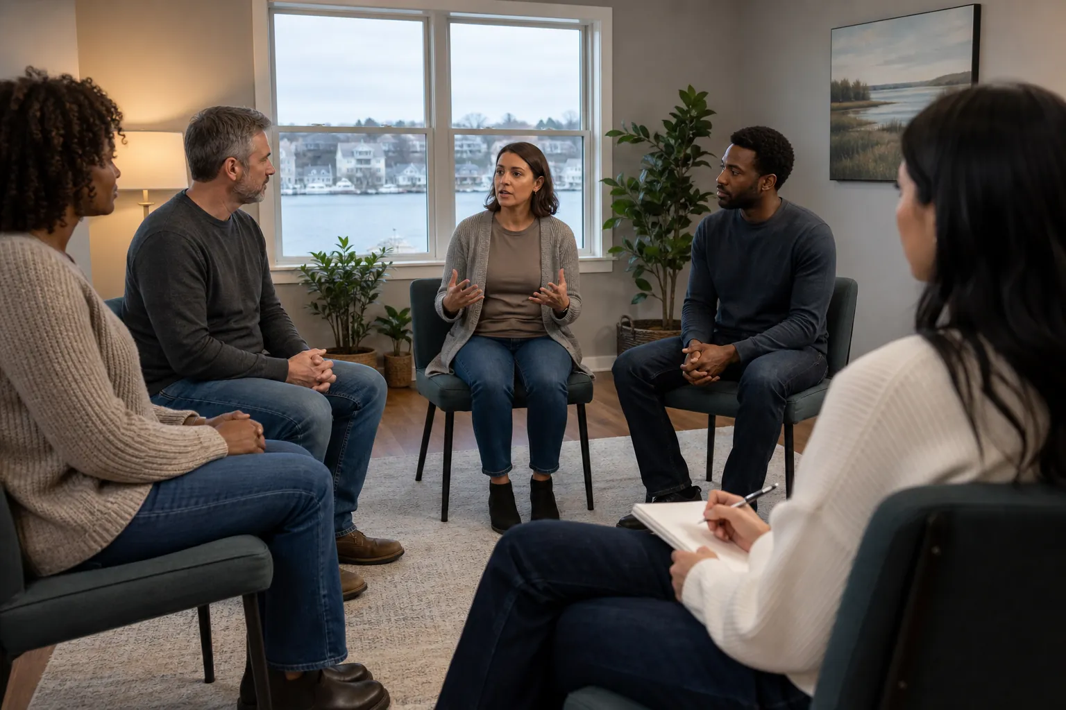 Therapist-Led Group Counseling Session Five adults sit in a circle during a therapist-led group counseling session in a bright office.