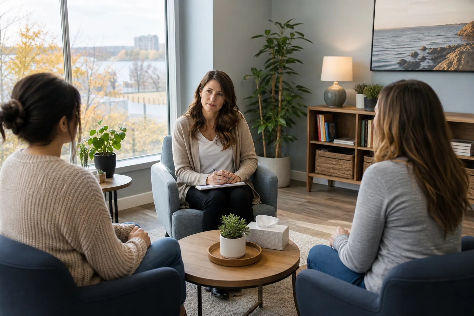 A therapist with a notepad leads a small group therapy session with two women in a bright, comfortable office.