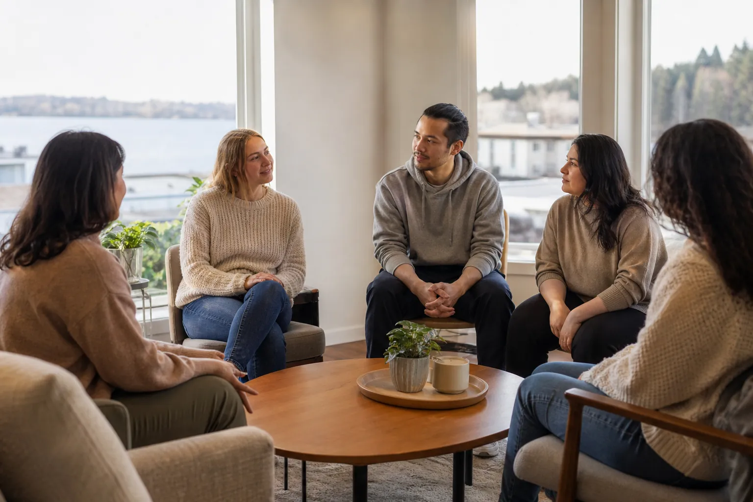 Five adults sit in a circle and talk in a bright group therapy room, suggesting an intensive outpatient support session.