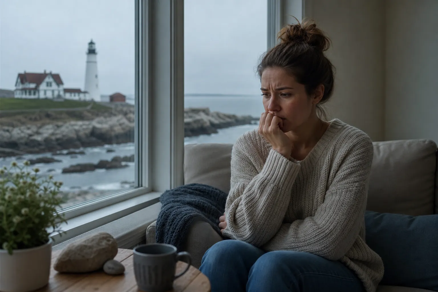 Worried woman biting her nails on a sofa beside a window overlooking a rocky coast and distant lighthouse.