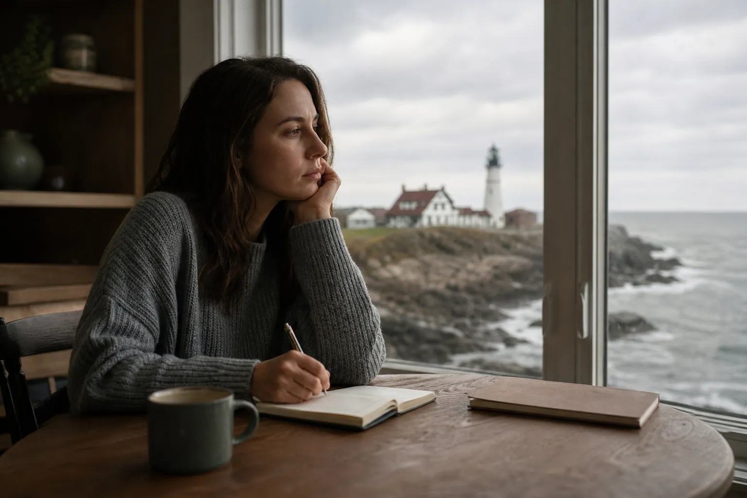 Pensive woman holding a pencil over an open notebook while gazing through a window at a rocky coast and lighthouse.