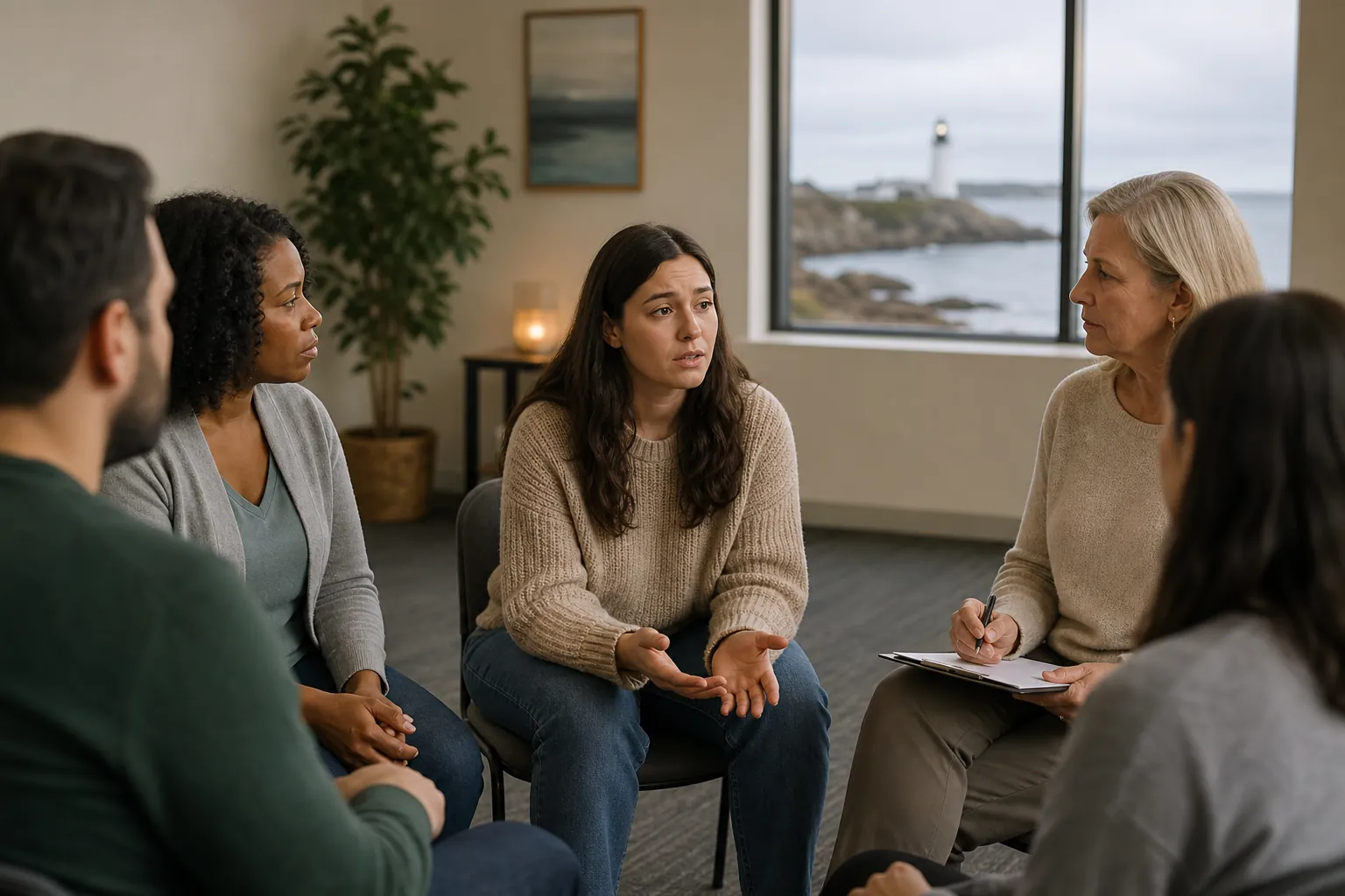 Mental Health Support Group Discussing Care Needs A woman speaks with a therapist and three other adults during a mental health support group session.