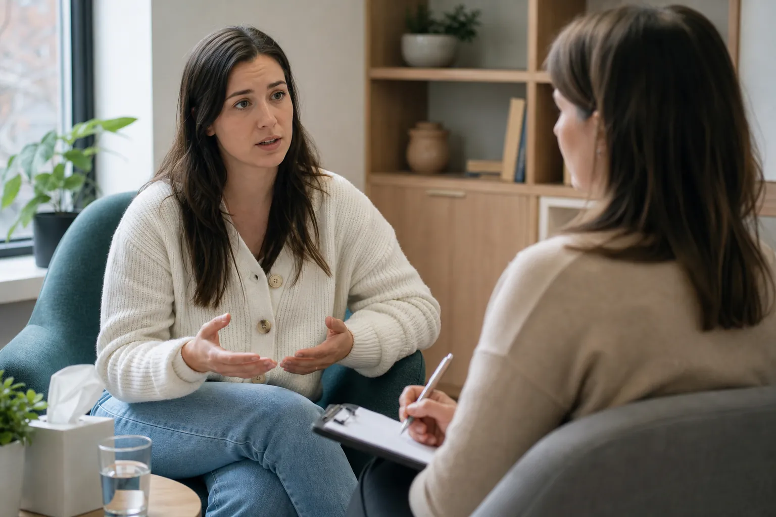 Mental Health Admissions Assessment Meeting A woman speaks with a clinician who takes notes during a mental health admissions assessment in a quiet office.