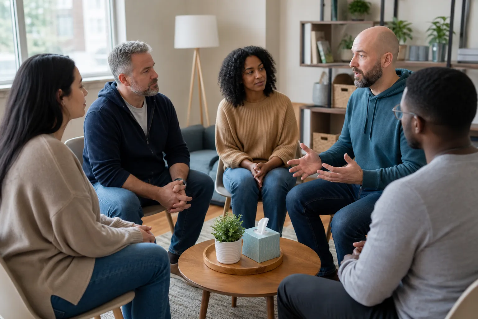 Outpatient Group Therapy Discussion Five adults sit in a circle for a group discussion in a comfortable outpatient therapy setting.