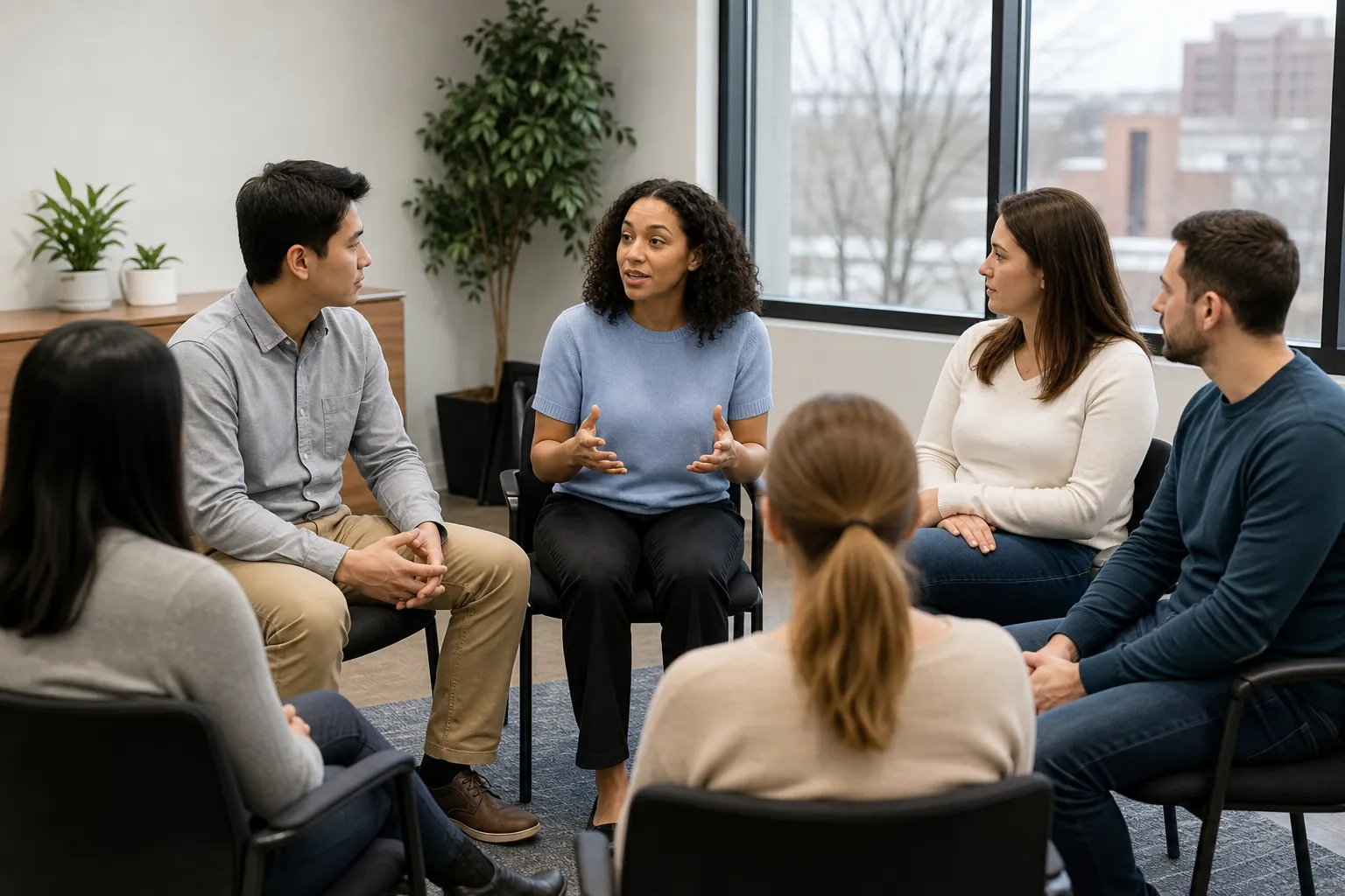 Adults Participating in an IOP Group Discussion Seven adults sit in a circle during a group discussion in a bright treatment or counseling room.