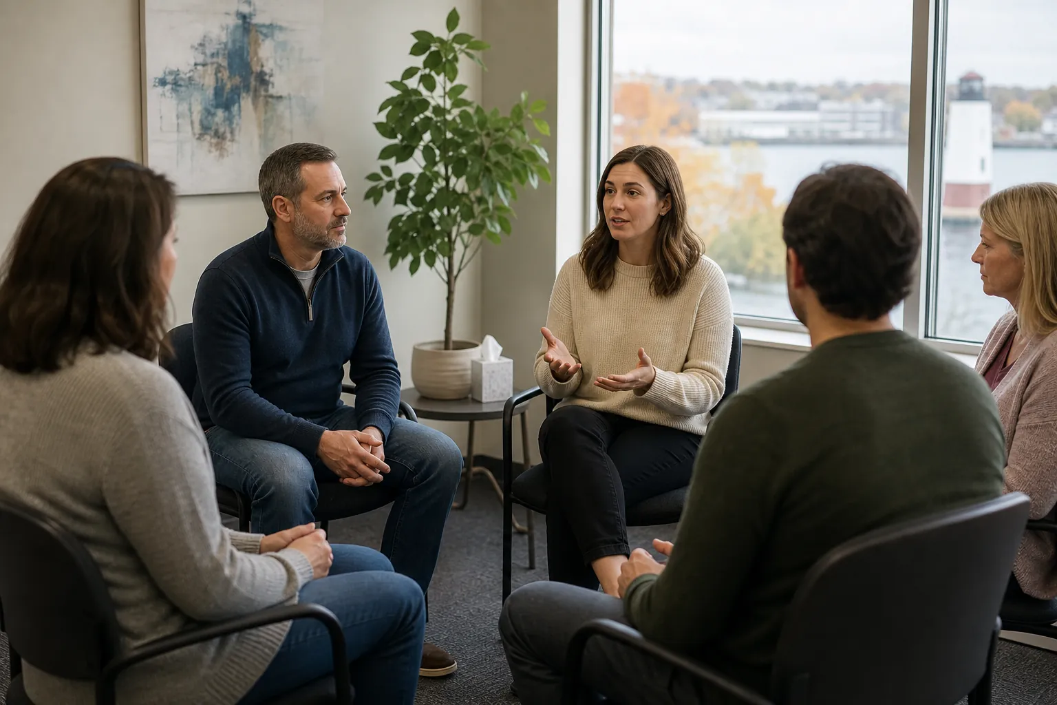 Adults Participating in an IOP Group Therapy Session (detail) Five adults sit in a circle during a group therapy discussion in a bright office with large windows.