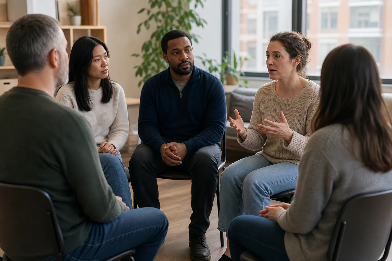 Adults Participating in a Group Therapy Session (next step) Five adults sit in a circle during a group therapy session as one woman speaks and gestures with her hands.