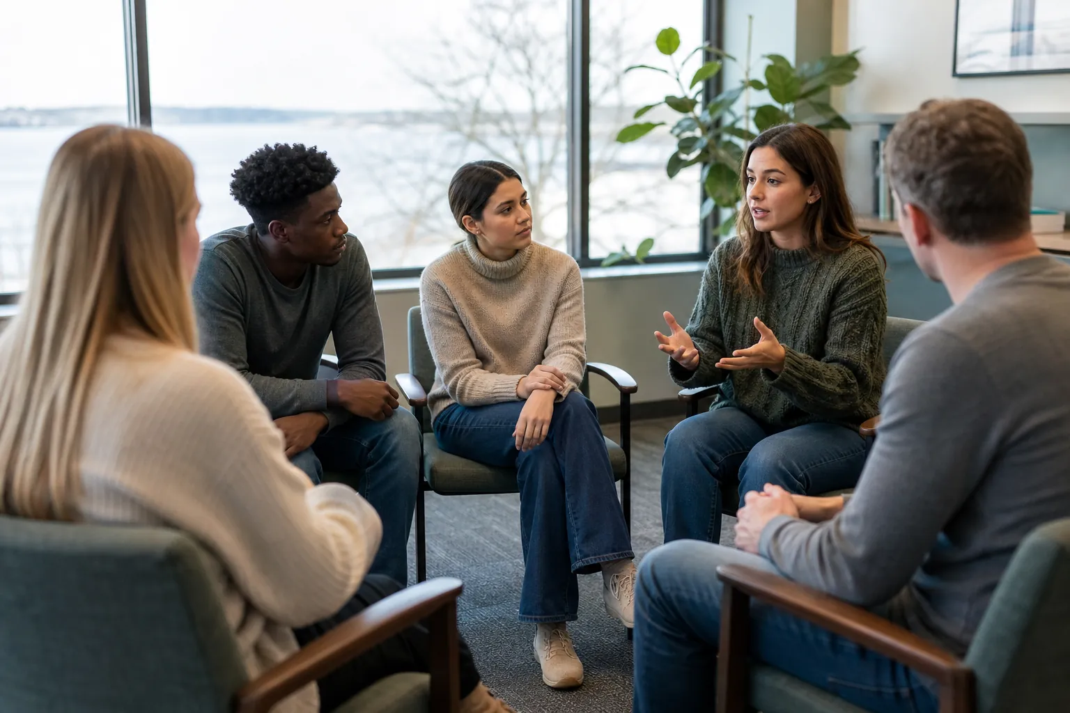 Adults Participating in a Core Group Therapy Session Five adults sit in a circle as one woman speaks and gestures during a group therapy session in a bright office.