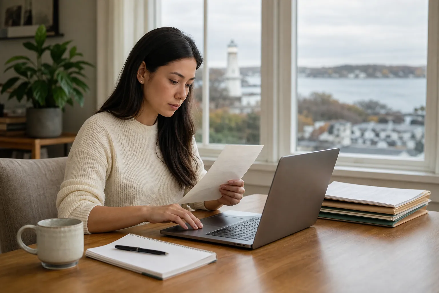 Woman reviewing a document beside a laptop and stacked folders at a table overlooking a coastal town.