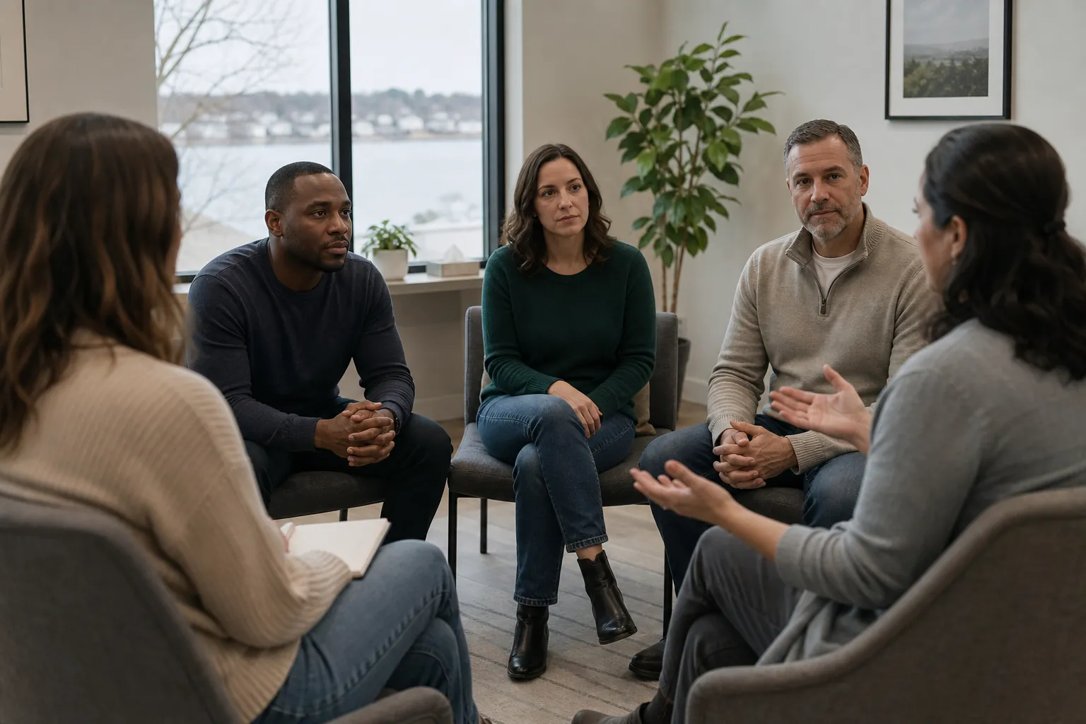 Five adults sit in a circle during a mental health group therapy session in a bright office overlooking water.