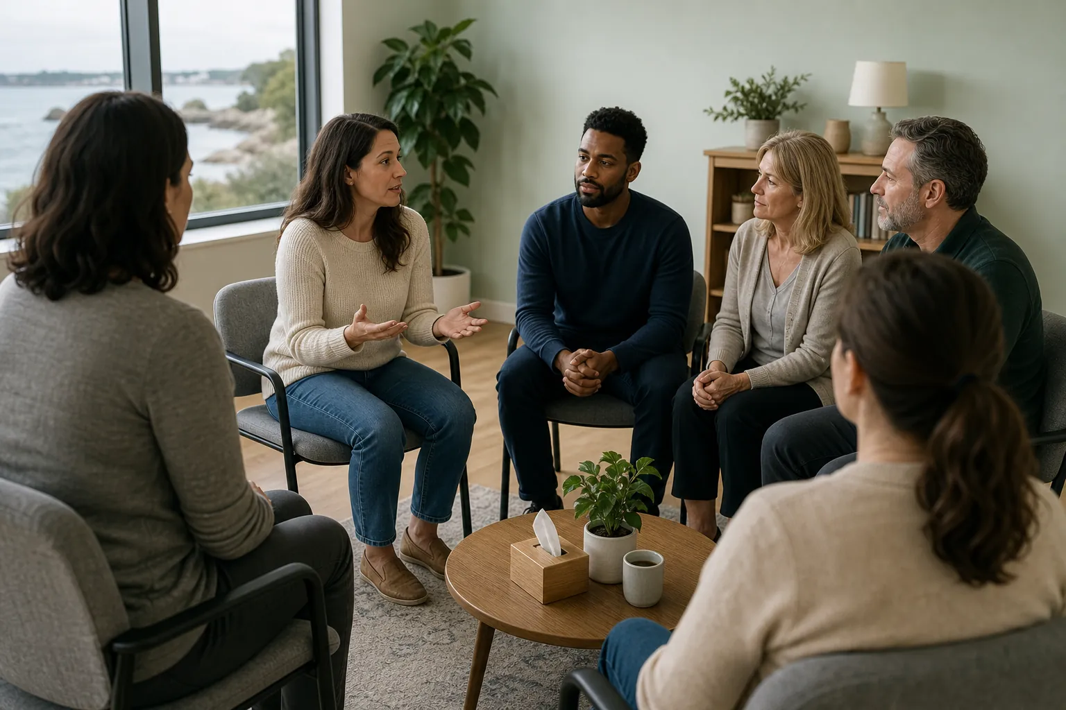 Six adults sit in a circle for a mental health group therapy session as one woman speaks and gestures.