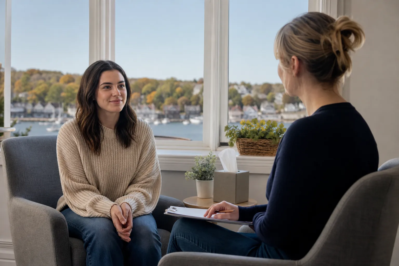 Woman listening during a seated conversation