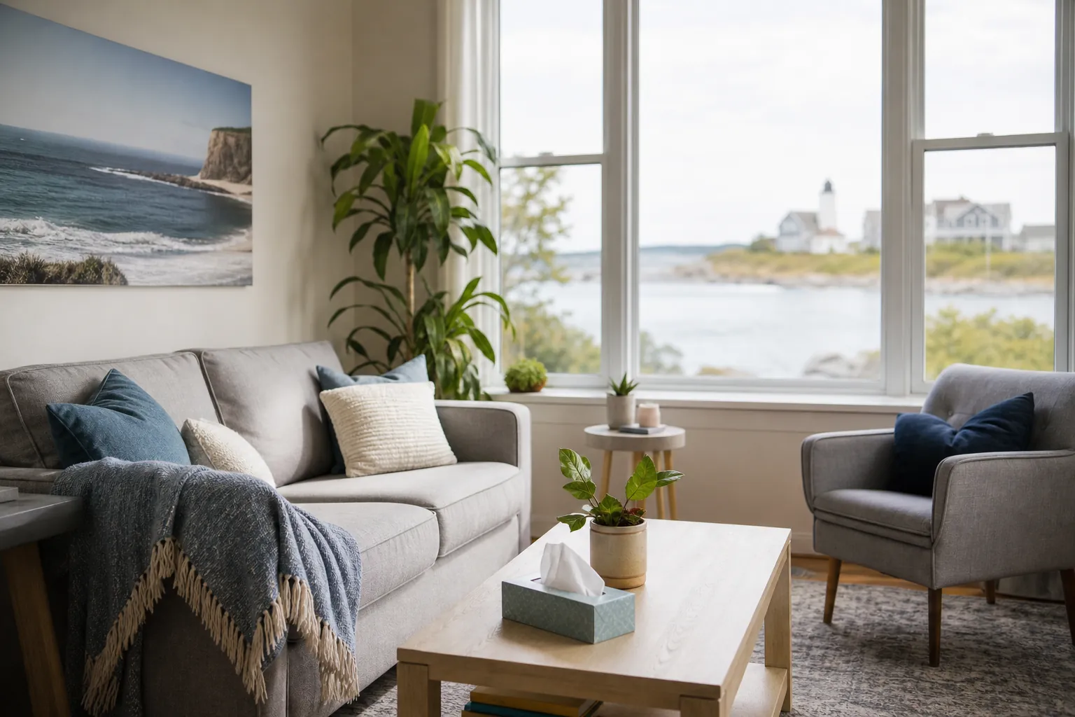 Empty chairs in a bright sitting room
