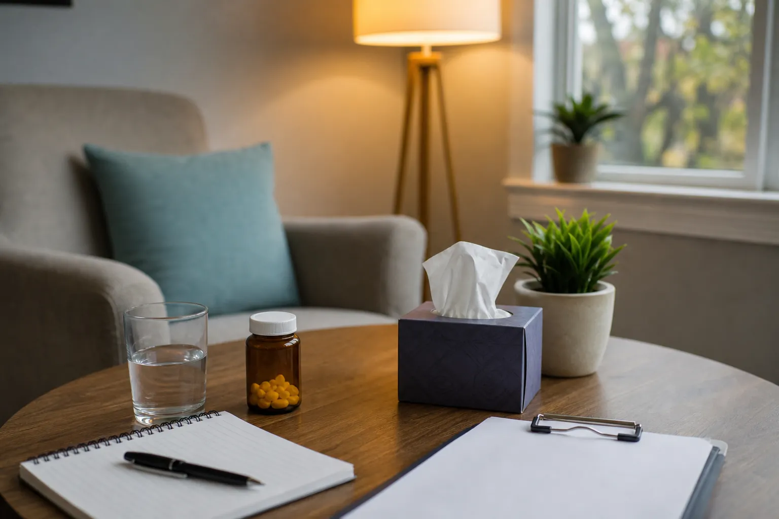 Medication bottle, water, tissues, notebook, and clipboard arranged on a table in a quiet counseling room.