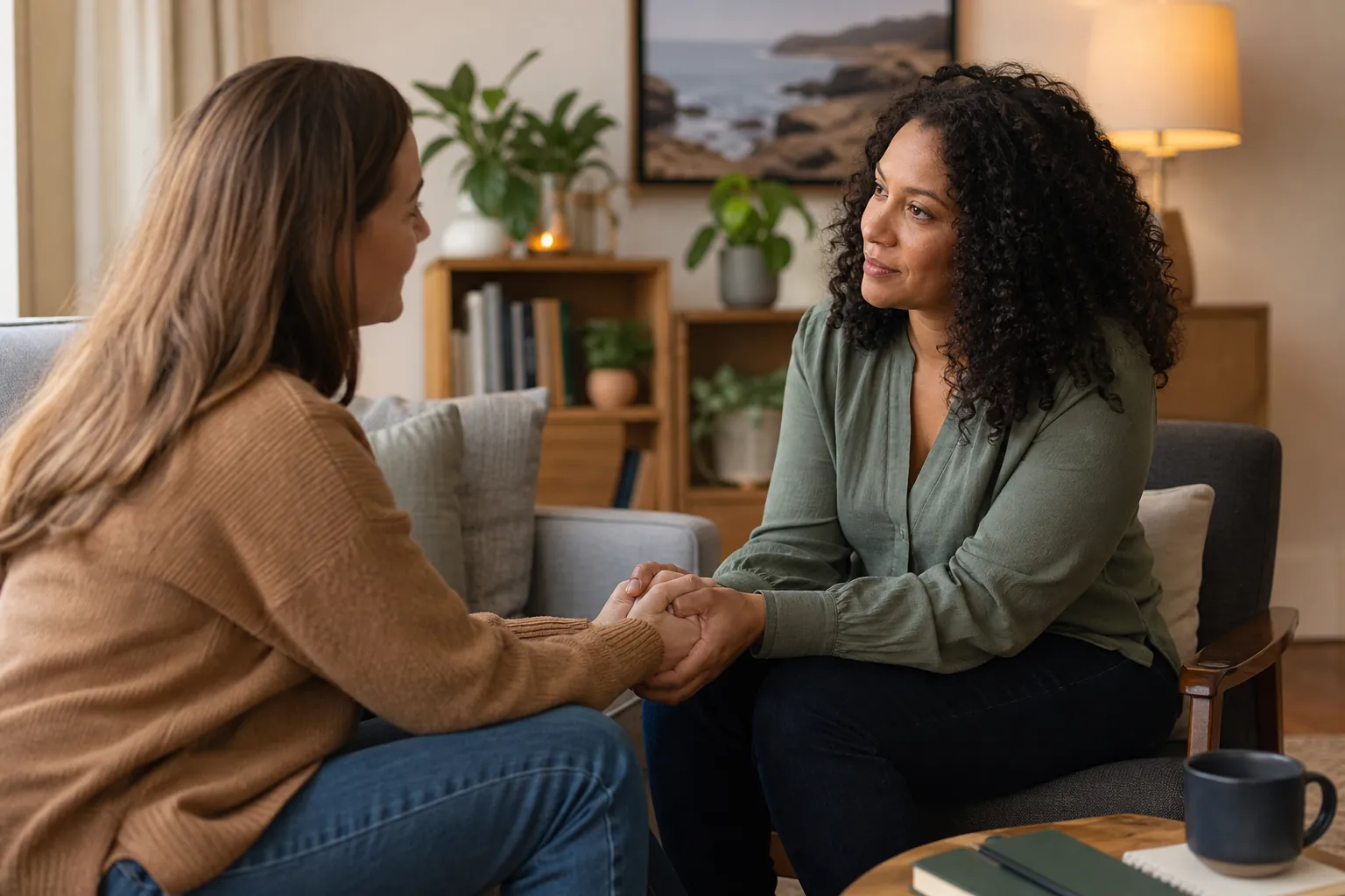 Two women sit facing each other and hold hands during a supportive counseling session in a comfortable office.