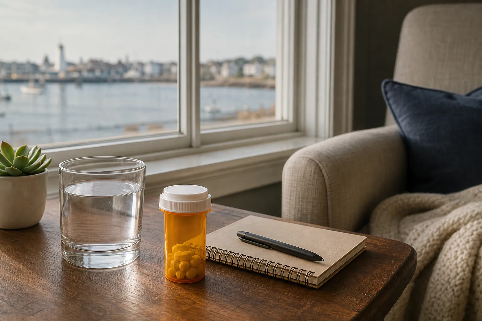 Unlabeled pill bottle, glass of water, notebook, and pen on a table beside an armchair overlooking a harbor.