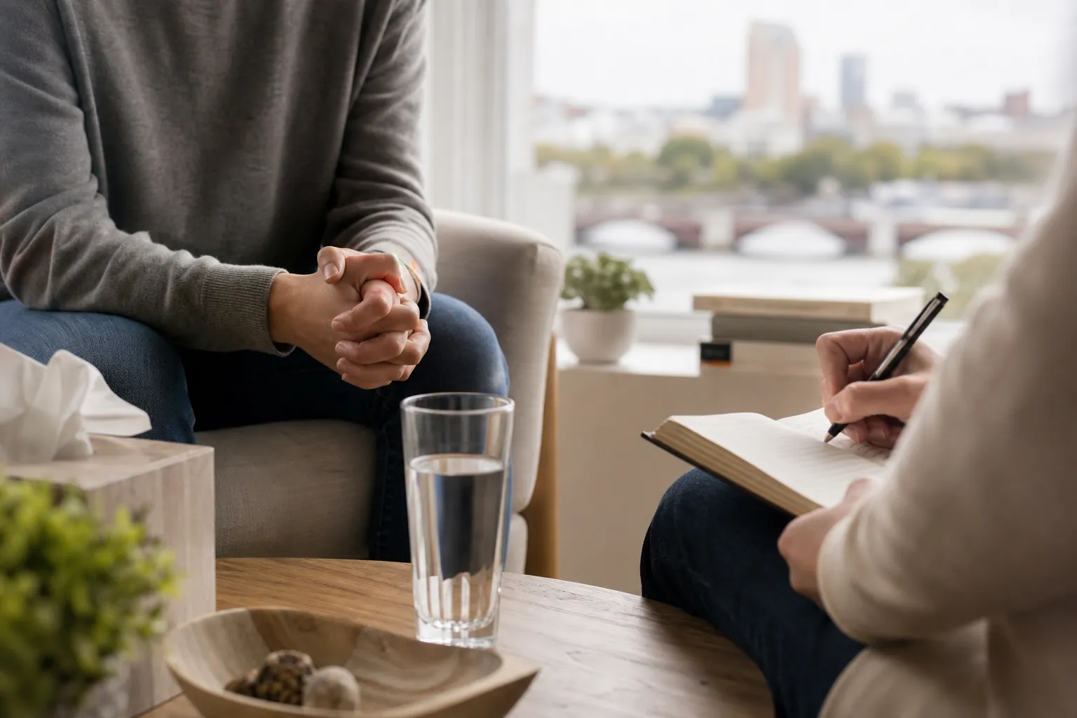 A patient sits with clasped hands while a therapist takes notes during a counseling session in a bright office.