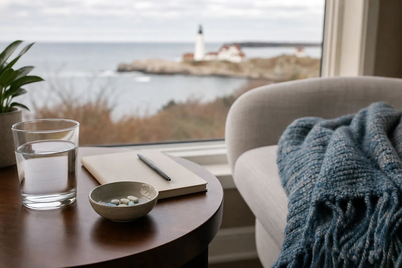 Glass of water, bowl of pills, notebook, and pen beside an armchair overlooking a coastal lighthouse.