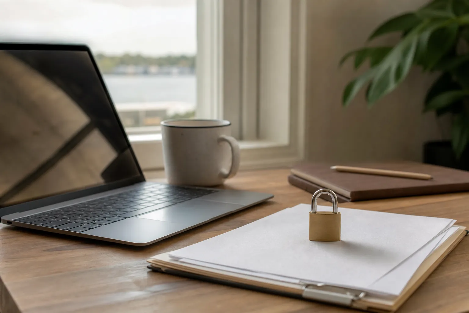 Laptop and small padlock beside papers Laptop and small padlock beside papers