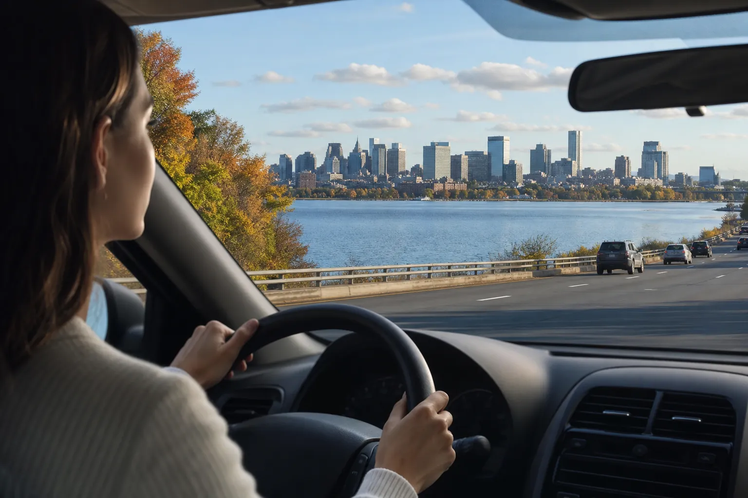 Woman driving beside blue water with autumn trees, traffic, and a city skyline ahead.