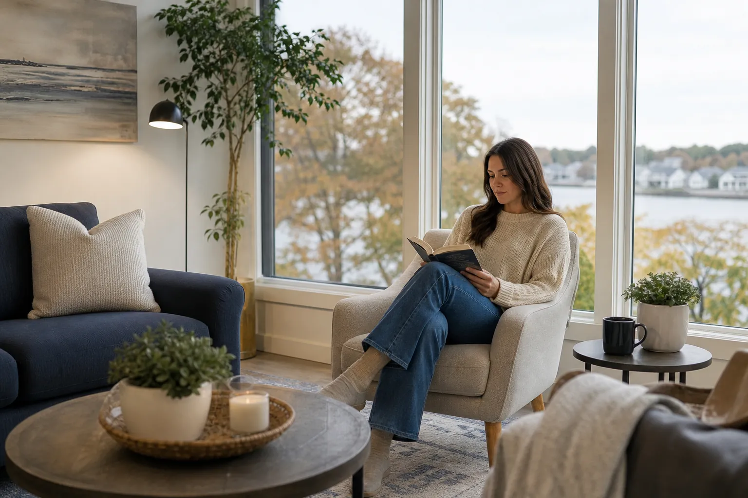 A woman reads in a cushioned armchair beside large waterfront windows, with plants, a mug, and cozy lounge furnishings.