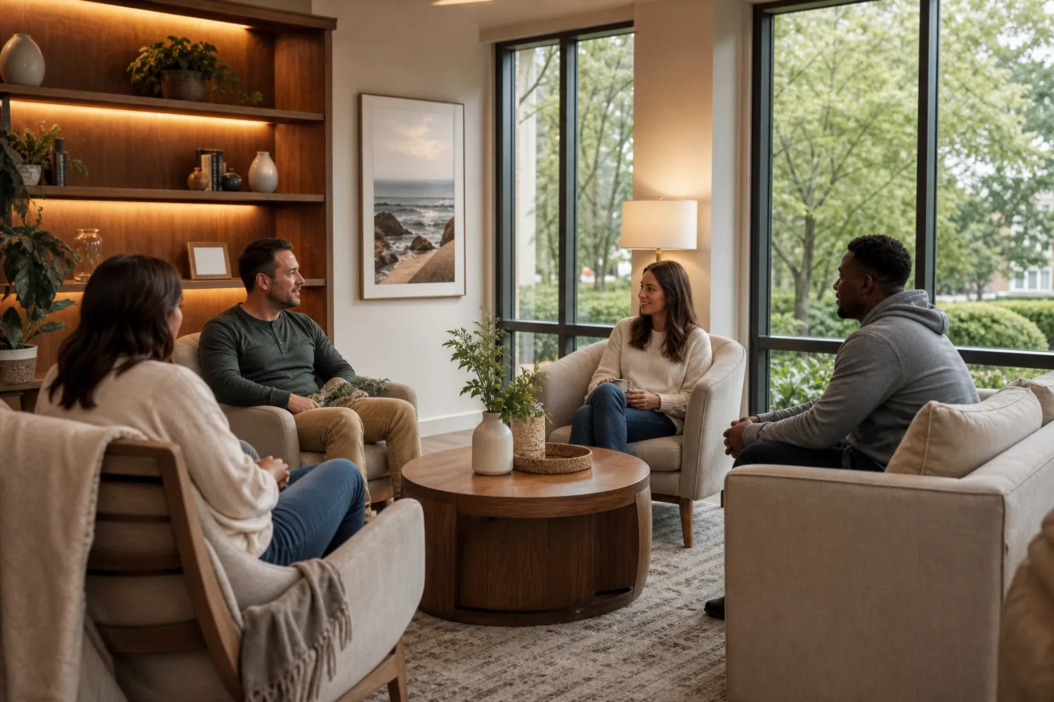 Four adults sit in a bright, upscale lounge with cushioned seating, a round wooden table, plants, and large windows.