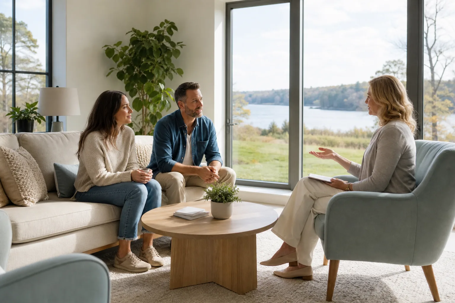 Two adults sit on a sofa facing a woman with a notebook in a bright, upscale counseling room overlooking a lake.