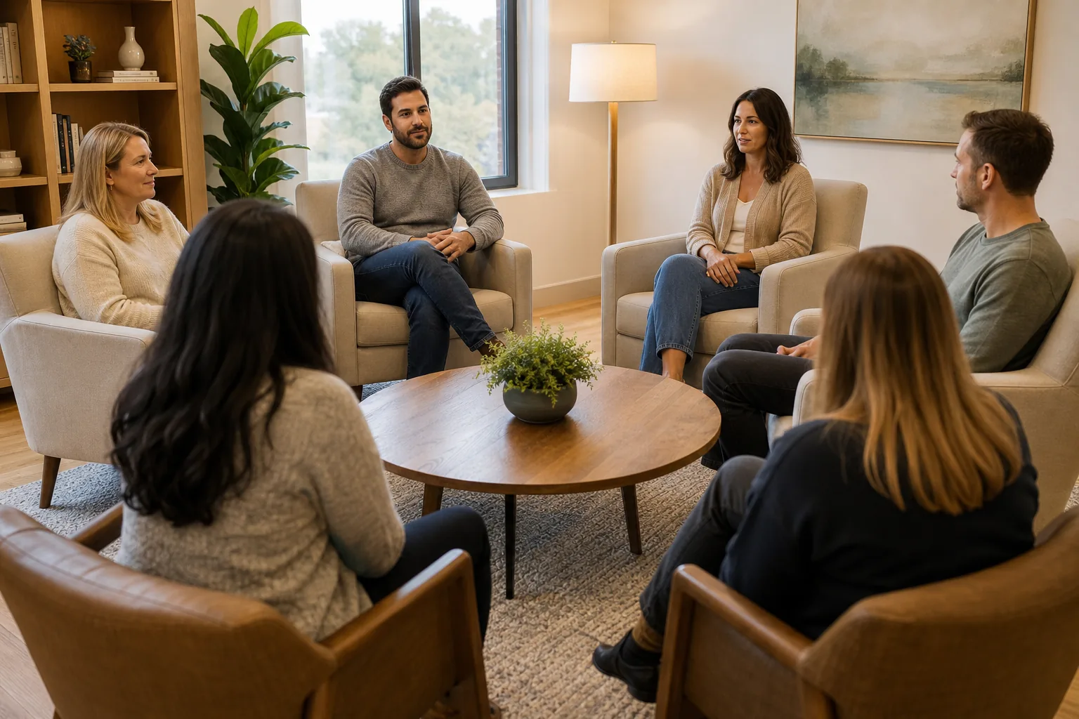Six adults sit in a circle around a wooden coffee table in a bright lounge with cushioned chairs, plants, and bookshelves.