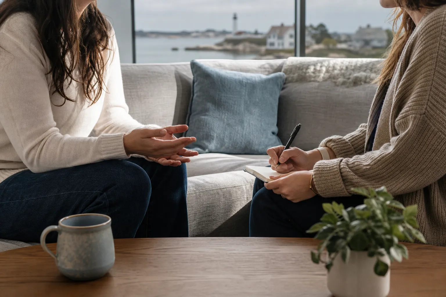 Two people talking with a notebook between them