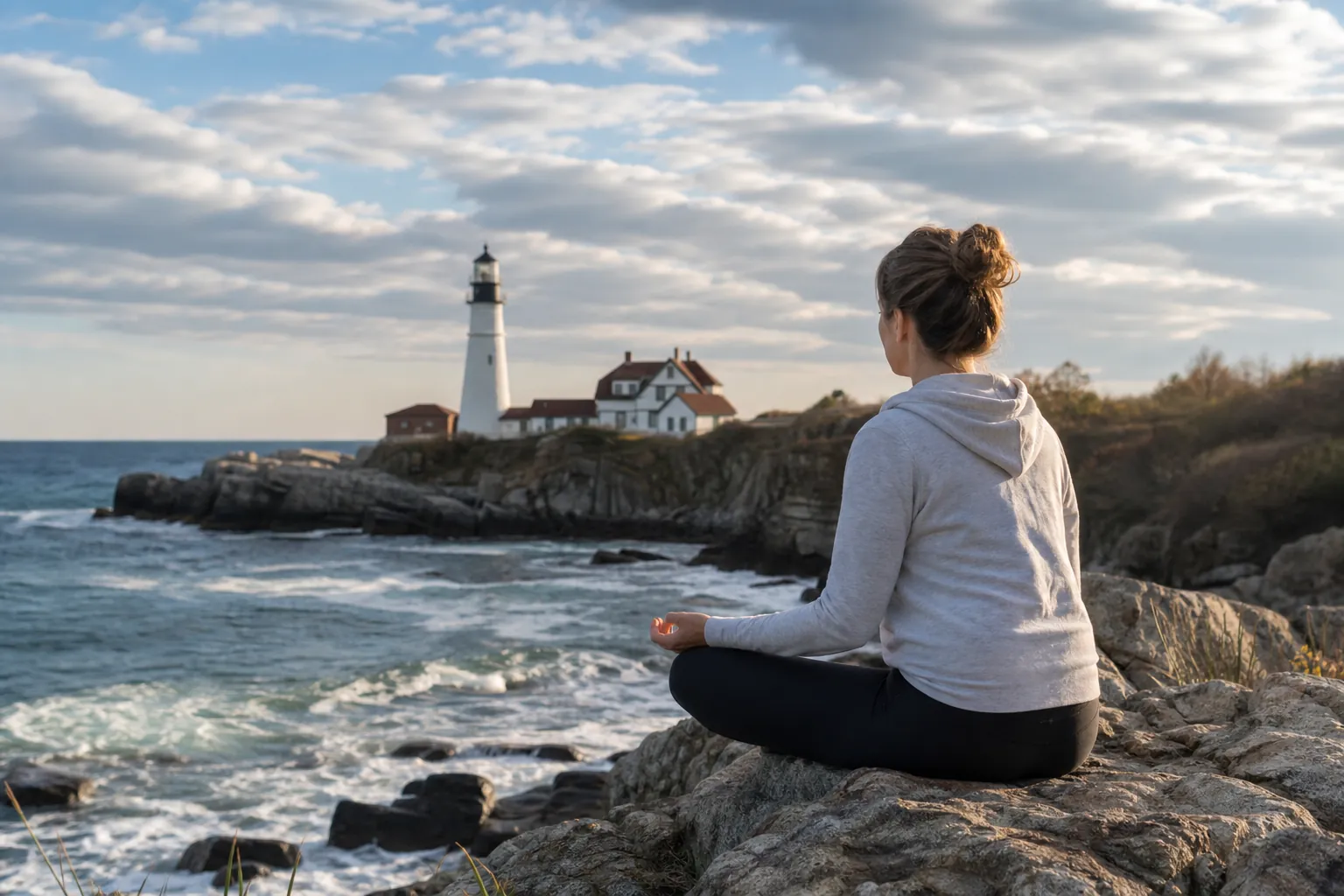 Woman meditating on a rocky coast while facing ocean waves and a lighthouse beneath a cloudy sky