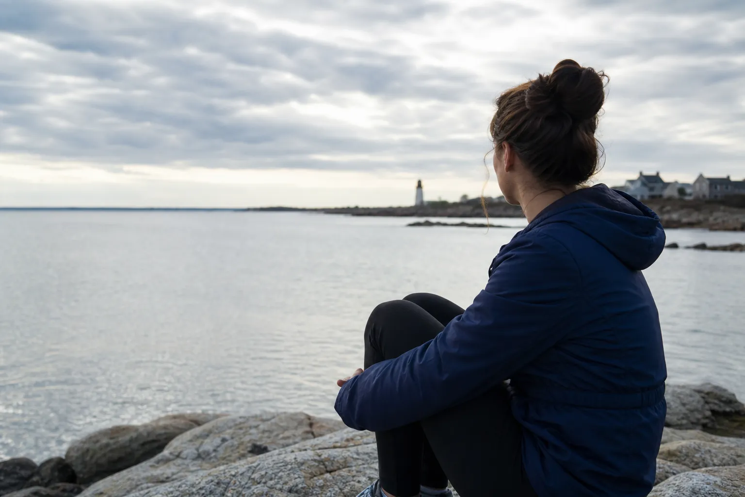 A woman in a blue jacket sits on coastal rocks, gazing across calm water toward a distant lighthouse.