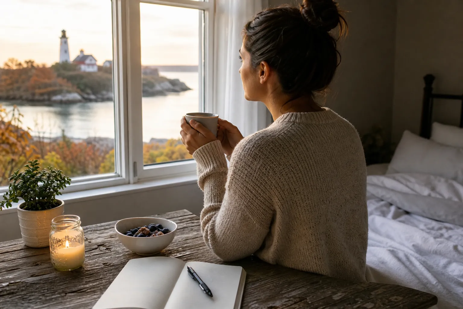 Woman holding a warm drink by a bedroom window, with a journal, candle, plant, and breakfast bowl on the table.