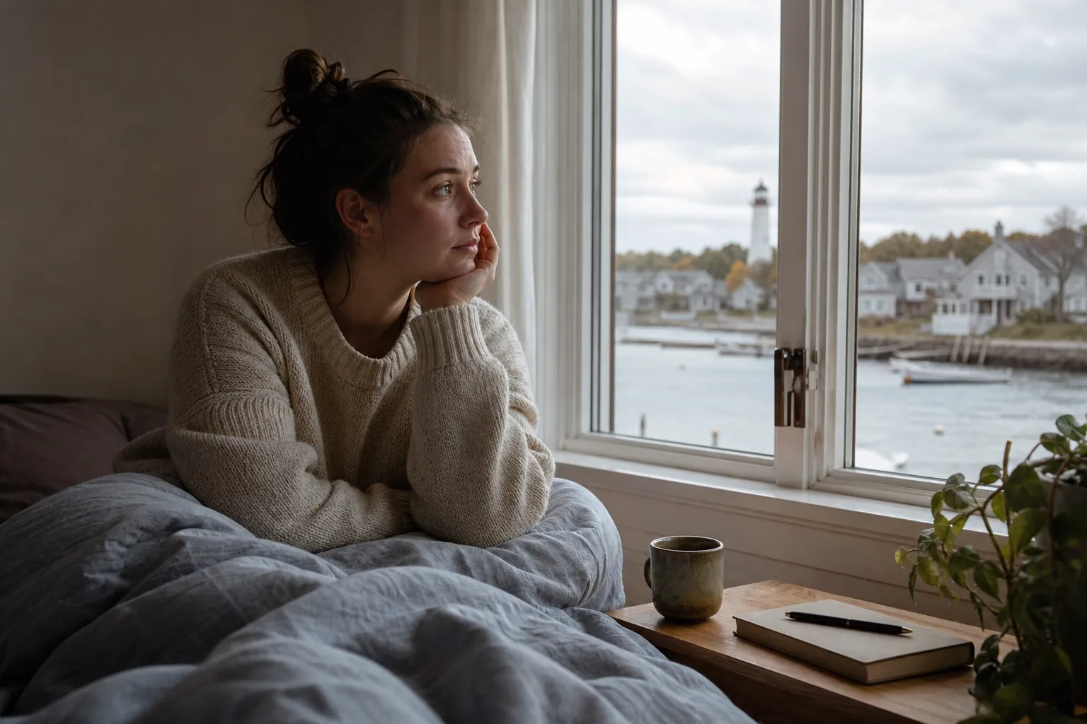 A pensive woman sits in bed by a window, gazing over a quiet harbor beside a mug, notebook, and pen.