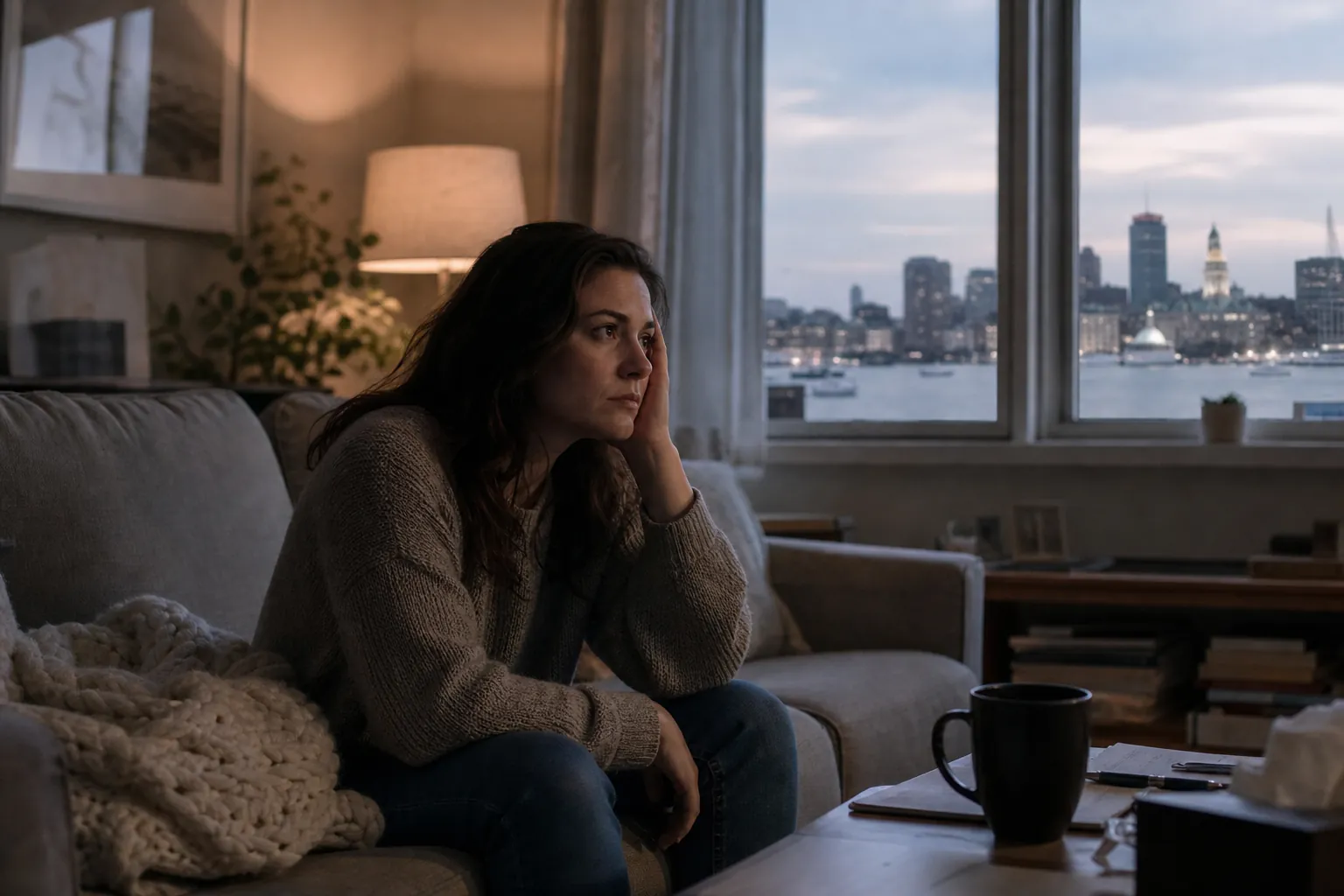 Pensive woman sitting alone at home at dusk A pensive woman sits alone on a sofa at dusk, resting her face on one hand beside a window overlooking a city.