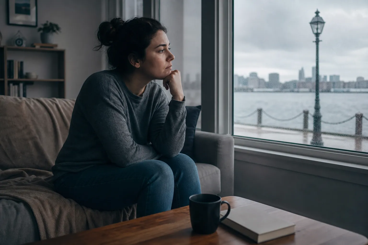 Pensive woman looking out over a gray waterfront A pensive woman sits on a sofa beside a large window, resting her chin on her hand and looking across a gray waterfront.