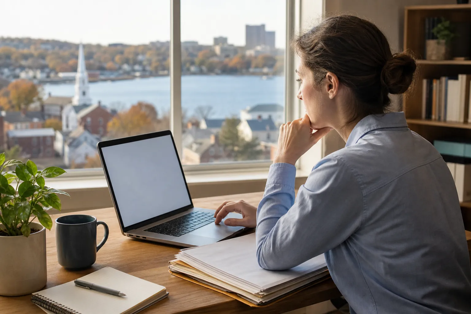 Woman using a laptop beside stacked folders Woman using a laptop beside stacked folders