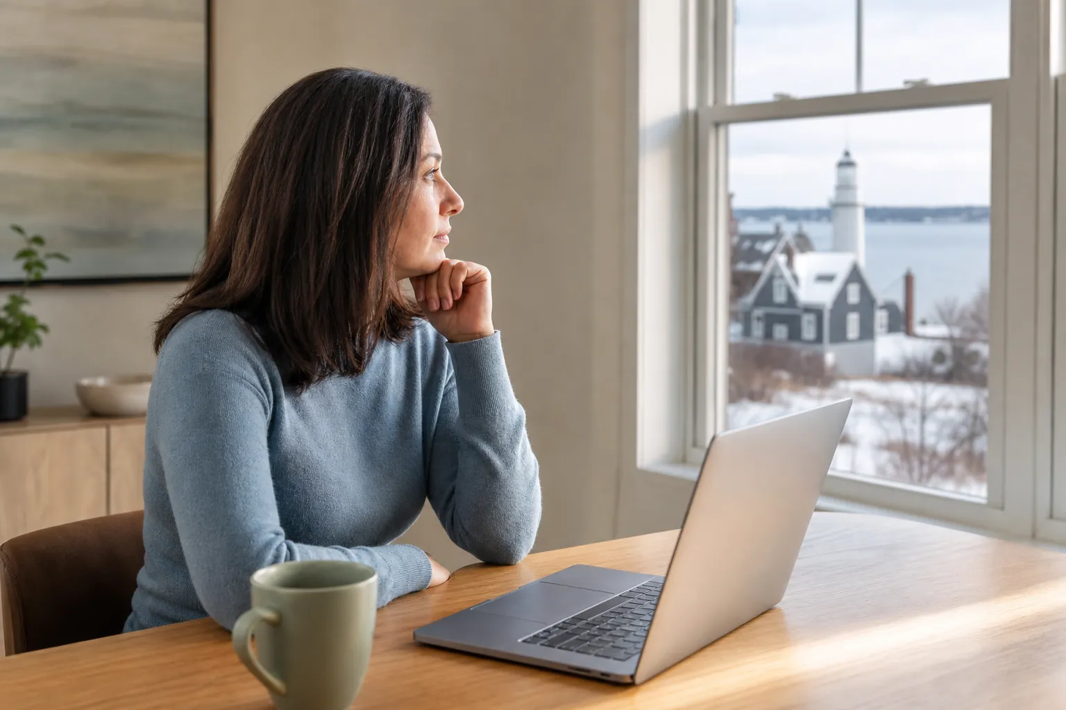 Woman seated at a laptop looking through a window Woman seated at a laptop looking through a window