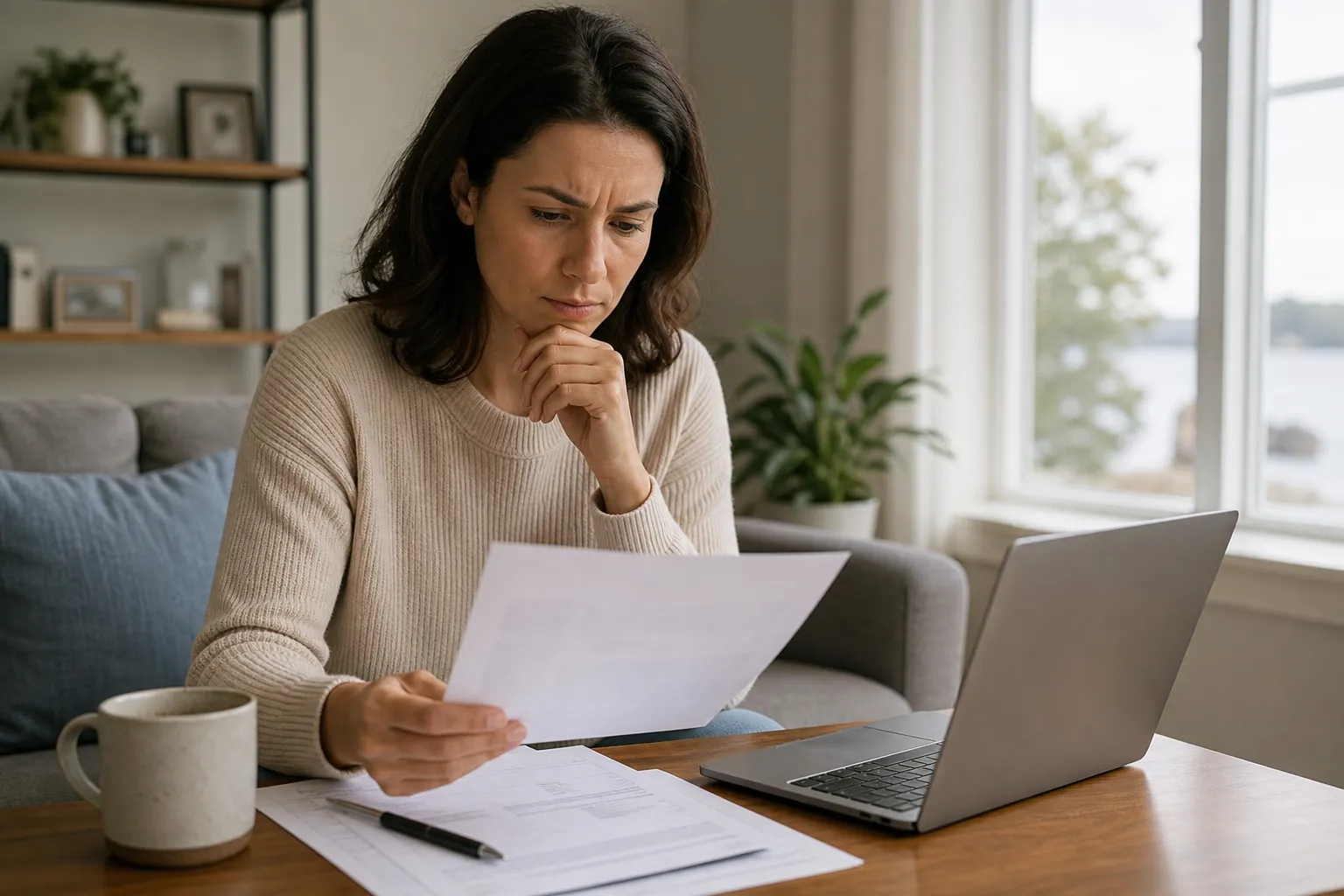 Woman reading a document beside a laptop