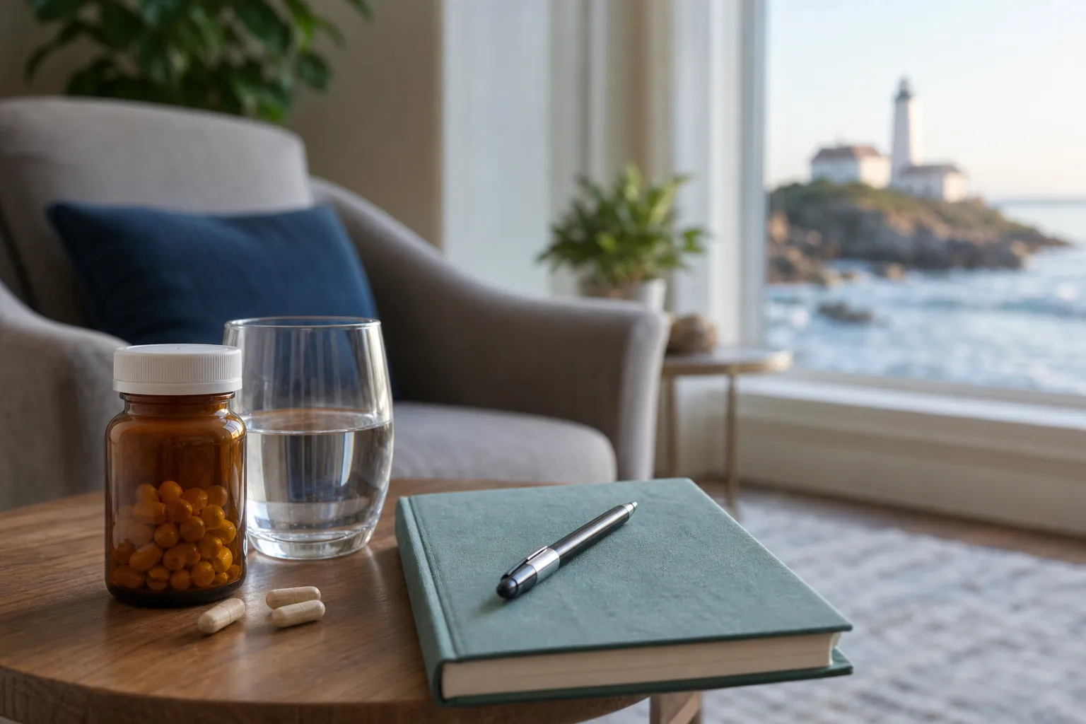 Medicine bottle and notebook on a table Medicine bottle and notebook on a table