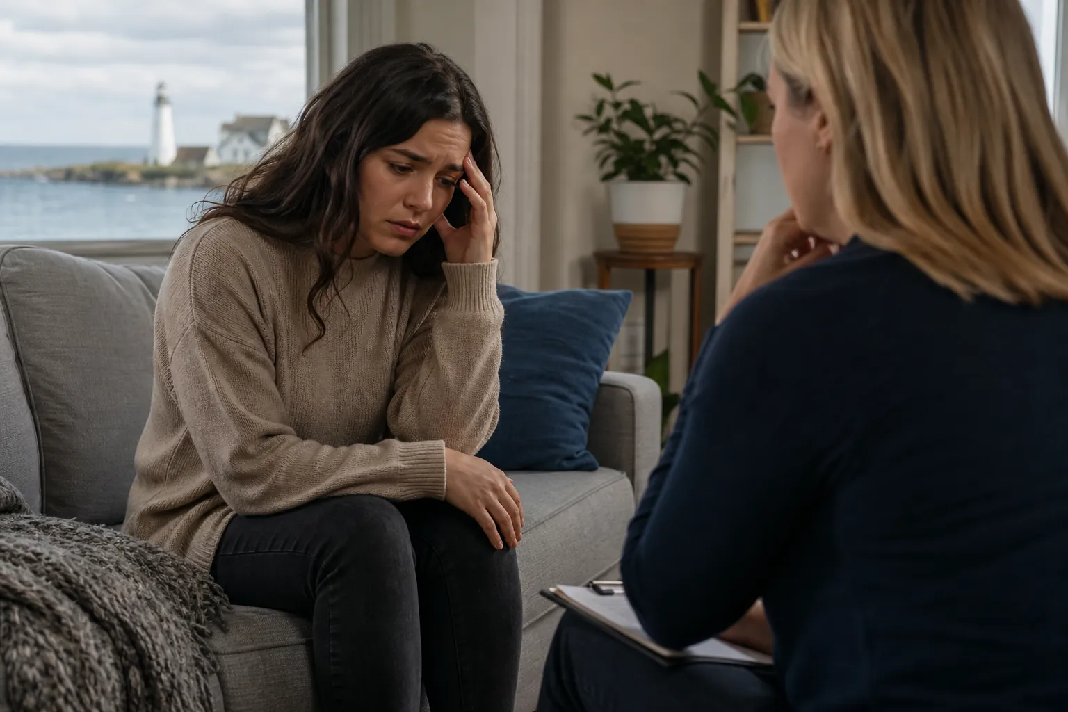 A worried woman sits on a gray sofa with a hand against her temple, facing another woman holding a clipboard.