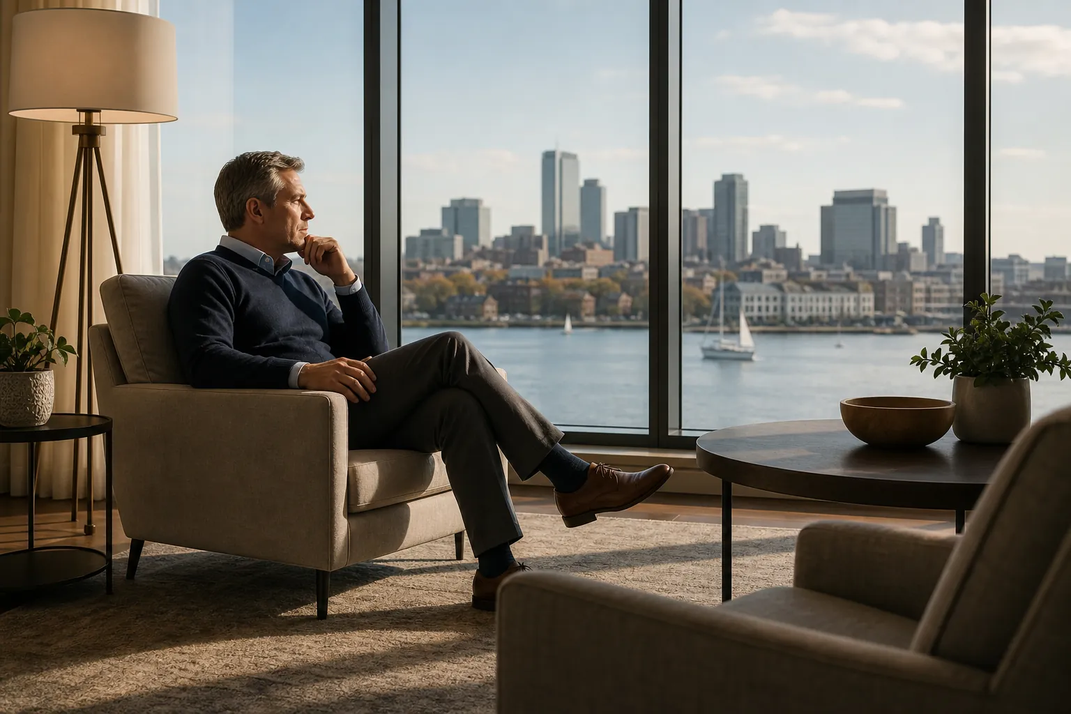 Man Seated Beside a Large Window A man sits in a chair looking through a large window toward water and buildings.