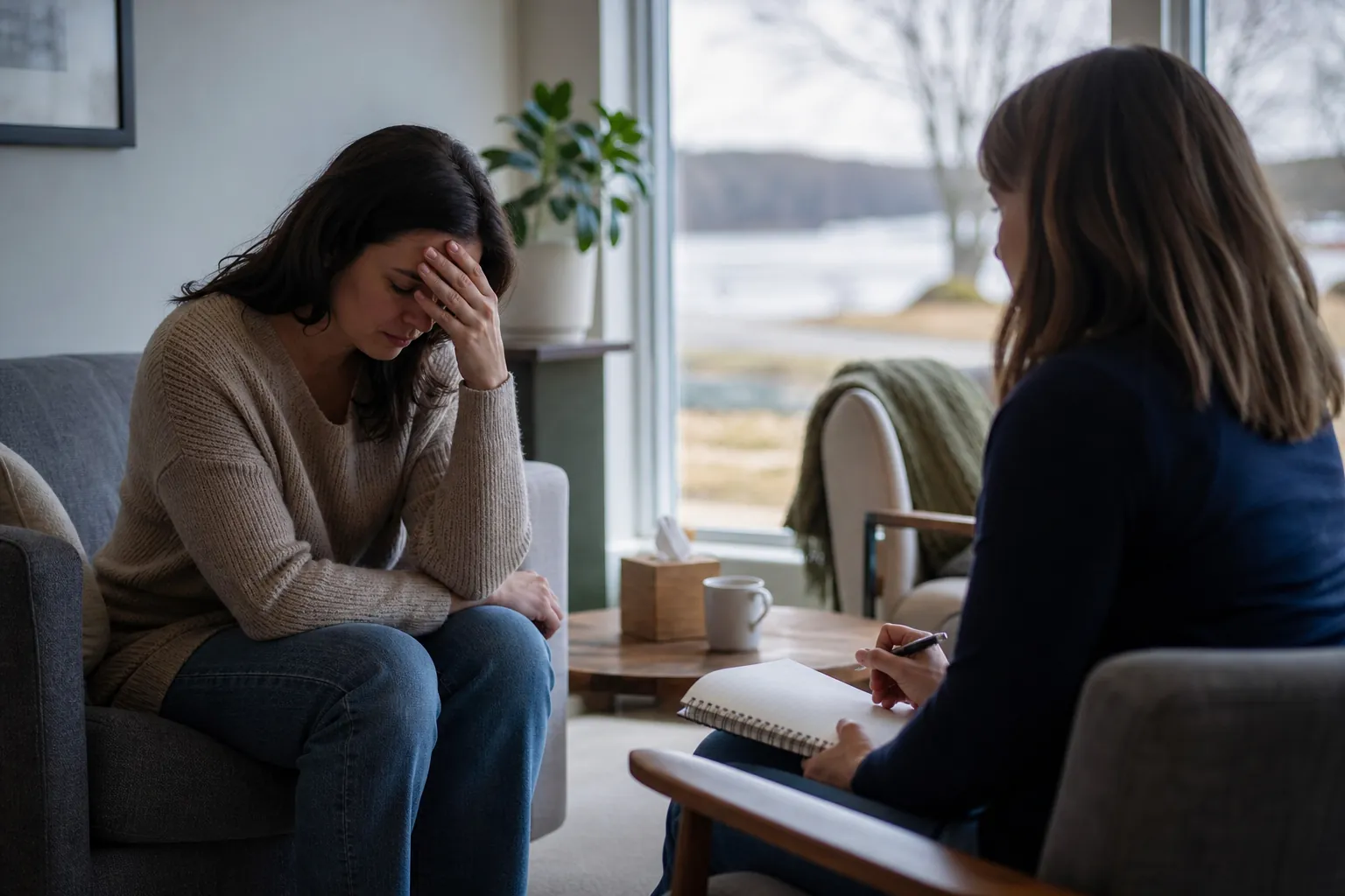 Two Women Sitting With an Open Notebook A woman covers her forehead with one hand while another woman sits facing her with a notebook.