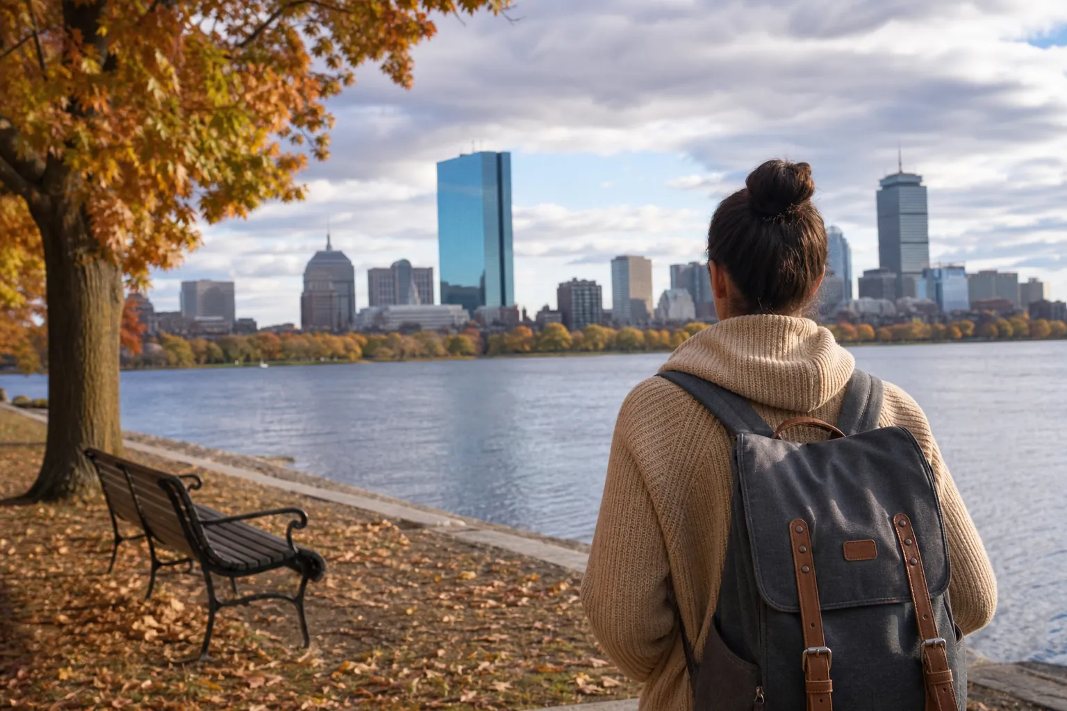 A person wearing a backpack stands beside a riverside path with autumn leaves.