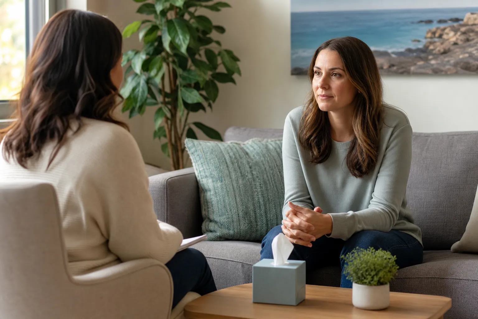 Two women face each other beside a sofa, tissue box and potted plant.
