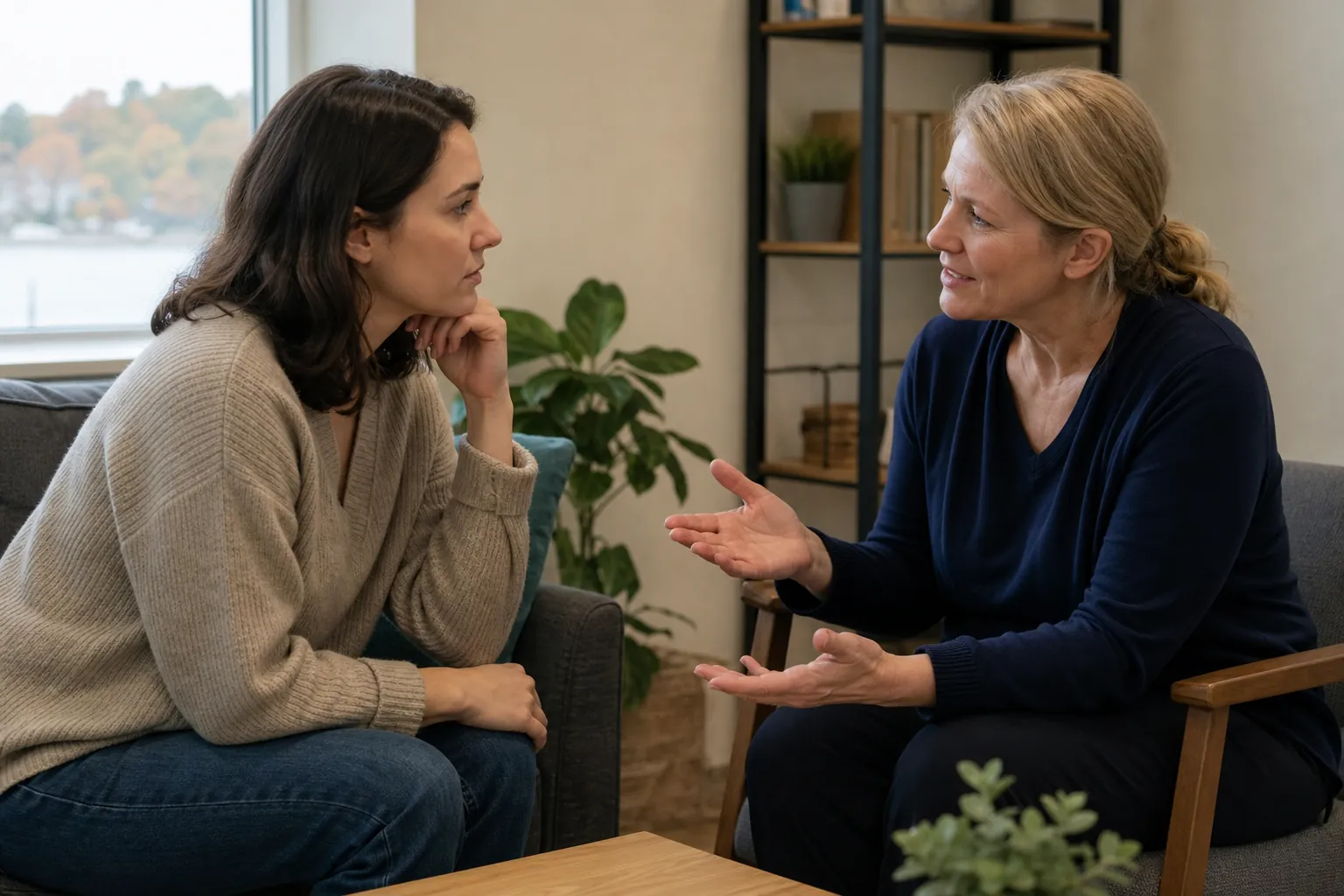 Two Women in Conversation Two women sit facing each other, with one gesturing as she speaks.