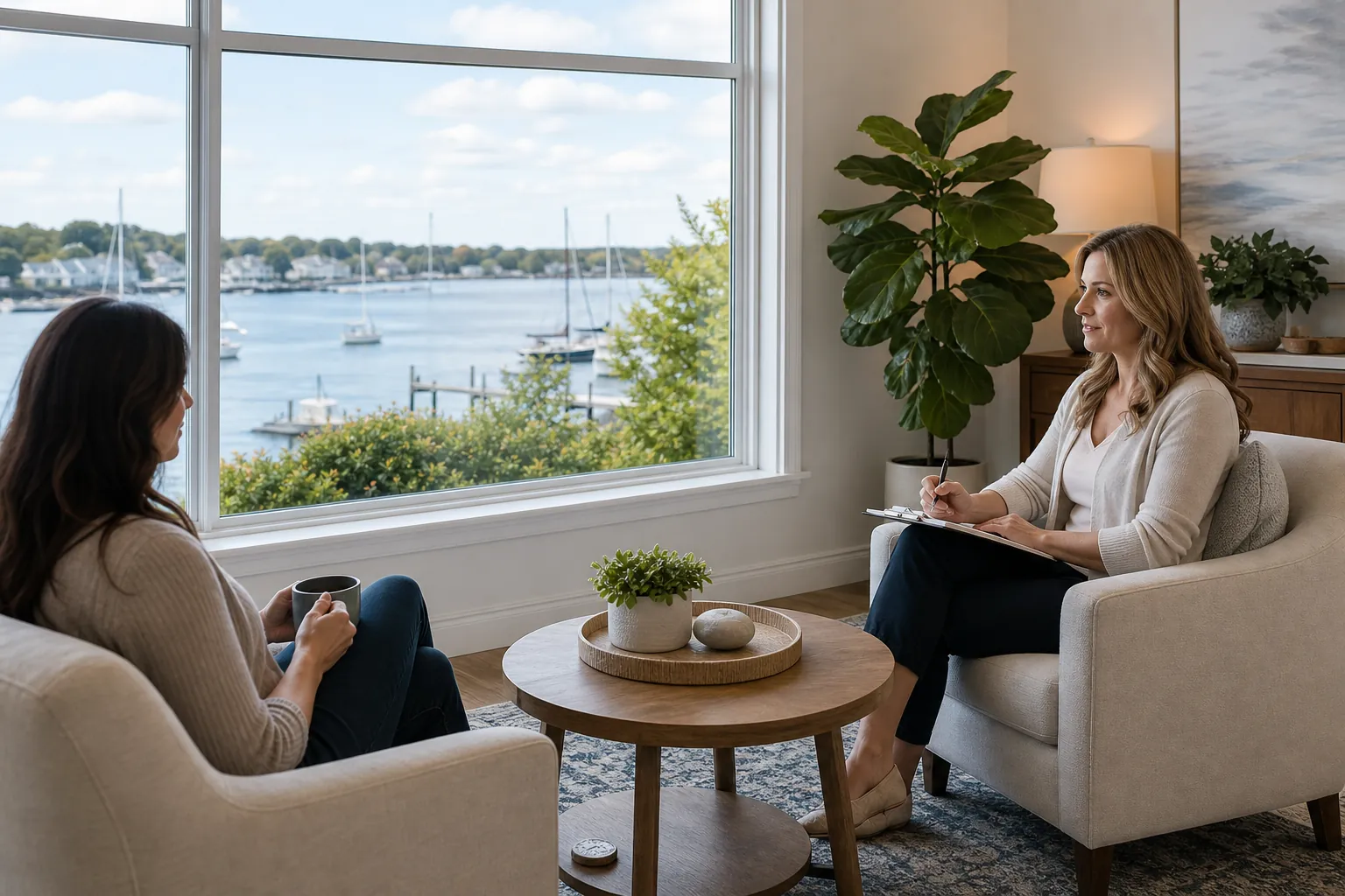 Two Women Talking Beside a Round Table Two women sit facing each other beside a round table and a window overlooking boats.