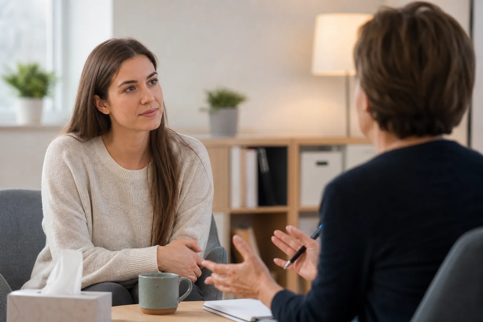Two Women Talking Beside a Tissue Box Two women face each other beside a tissue box and a mug, with one gesturing as she speaks.
