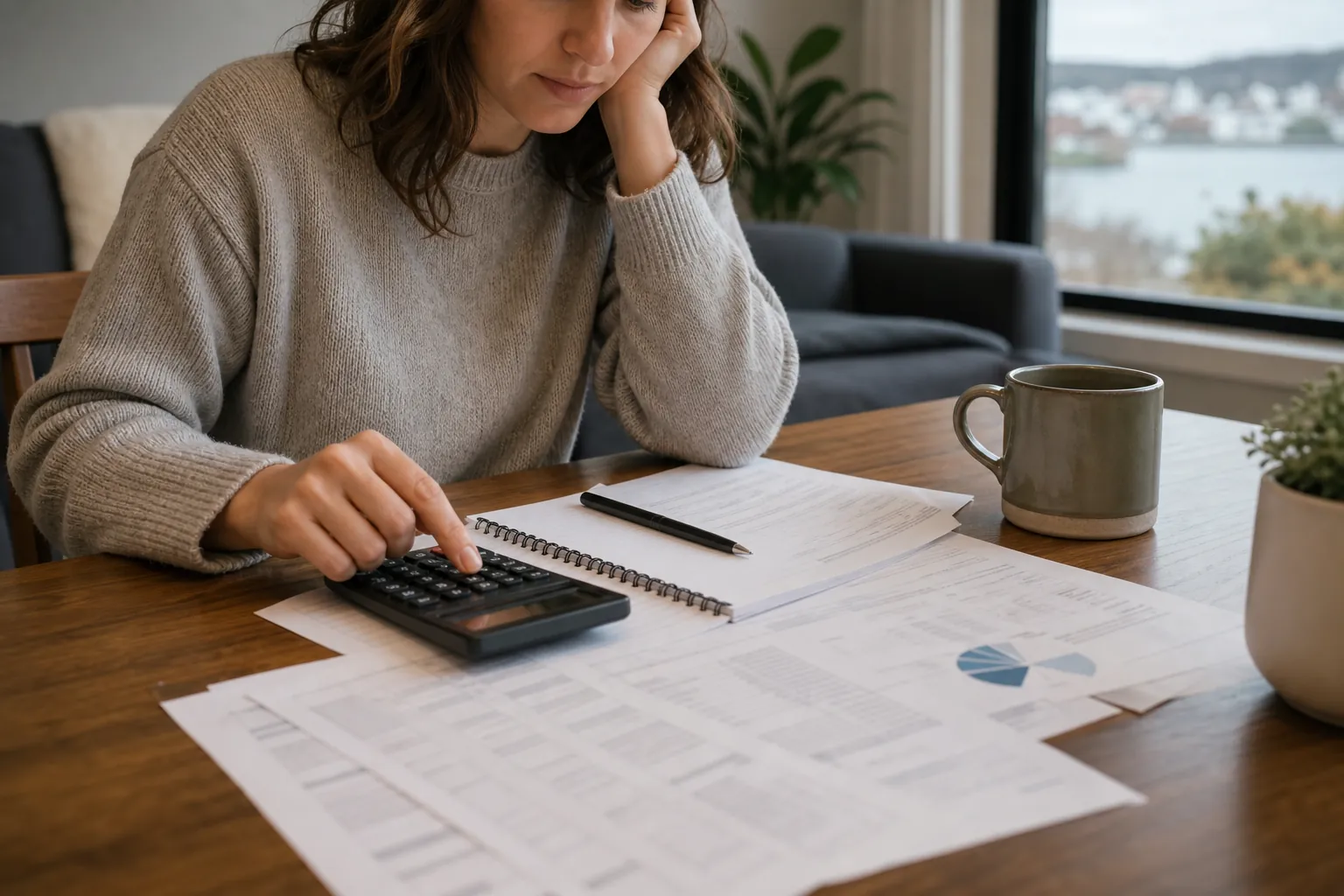 Woman Using a Calculator at a Table A woman uses a calculator beside papers, a notebook and a mug on a table.
